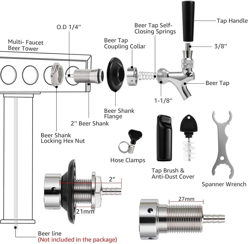 MRbrew Draft Beer Shank Faucet Kit, 1-1/2'' Beer Shank No Leak 1/4'' Beer Line Nipple Barb Fitting Beer Shank Tap for Kegerator Brewing with Self-Closing Beer Tap, Stainless Steel Core for Beer Party - Image 2